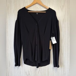 Halogen Womens Top Black Long Sleeve Tee V Neck Round Hem Stretch Size M NWT